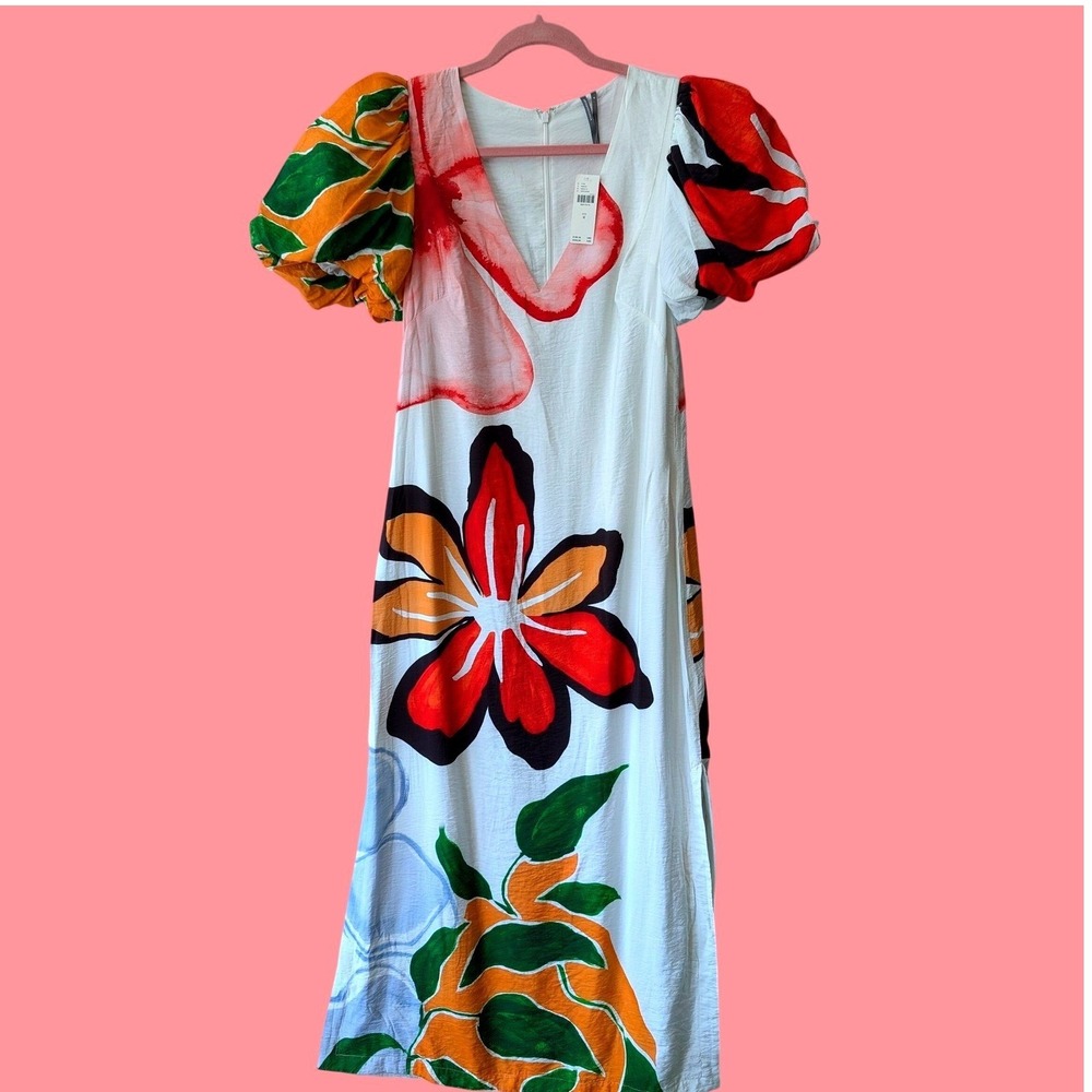 NWT‎ Anthropologie Floral White Puff Sleeve V-Neck A-line Maxi Med Boho Tropical